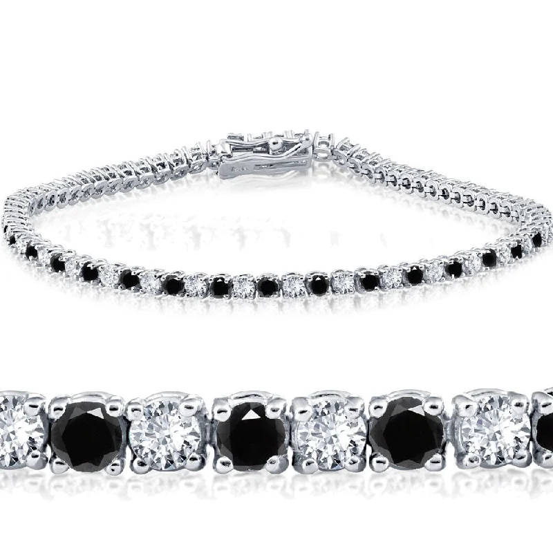 black leather bracelets for men-14k White Gold 3 ct Round Cut Black & White Diamond Tennis Bracelet 7" - White I-J