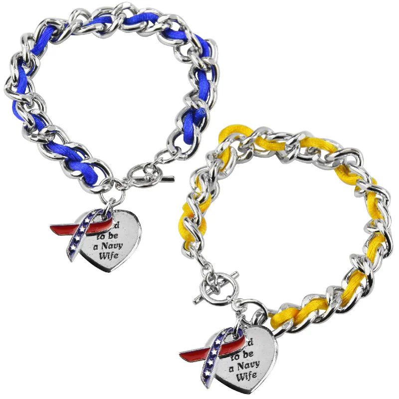 silver chain bracelets for men-Proud to be a Navy Wife Ribbon Charm Bracelet