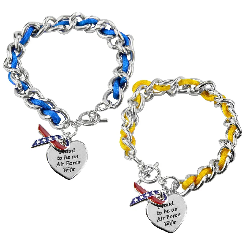 engraved bracelets for women-Proud to be an Air Force Wife Ribbon Charm Bracelet