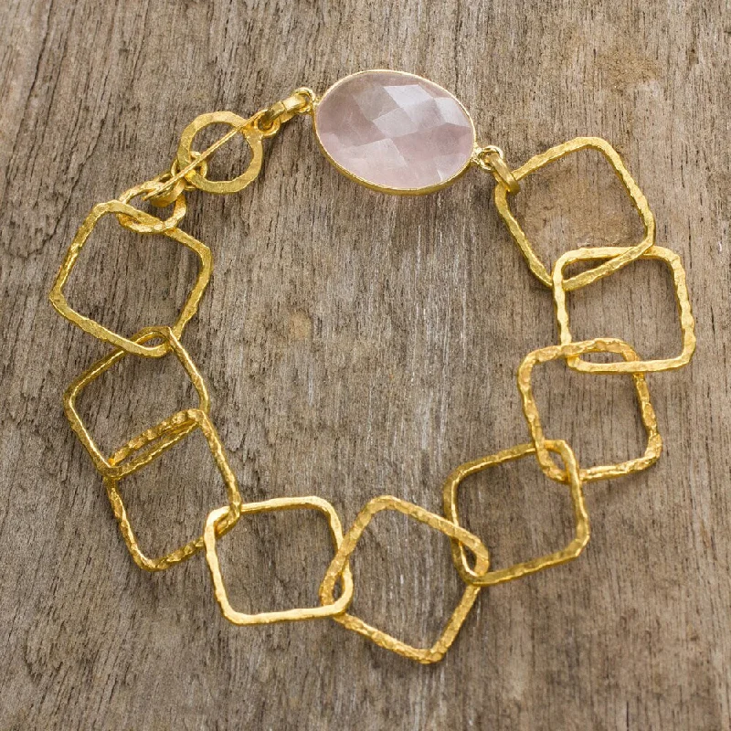 silver statement bracelets-Handmade Goldplated 'Golden Spring' Rose Quartz Link Bracelet (Thailand)