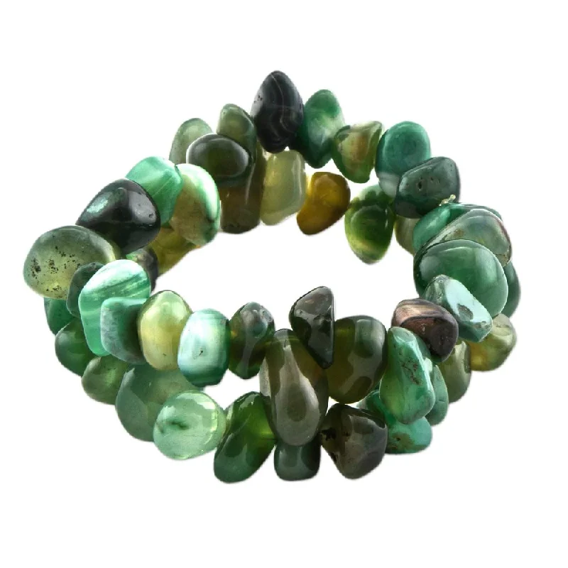 silver braided bracelets-Handmade Pair of Agate Beaded Stretch Bracelets, 'Green Duo' (Brazil)