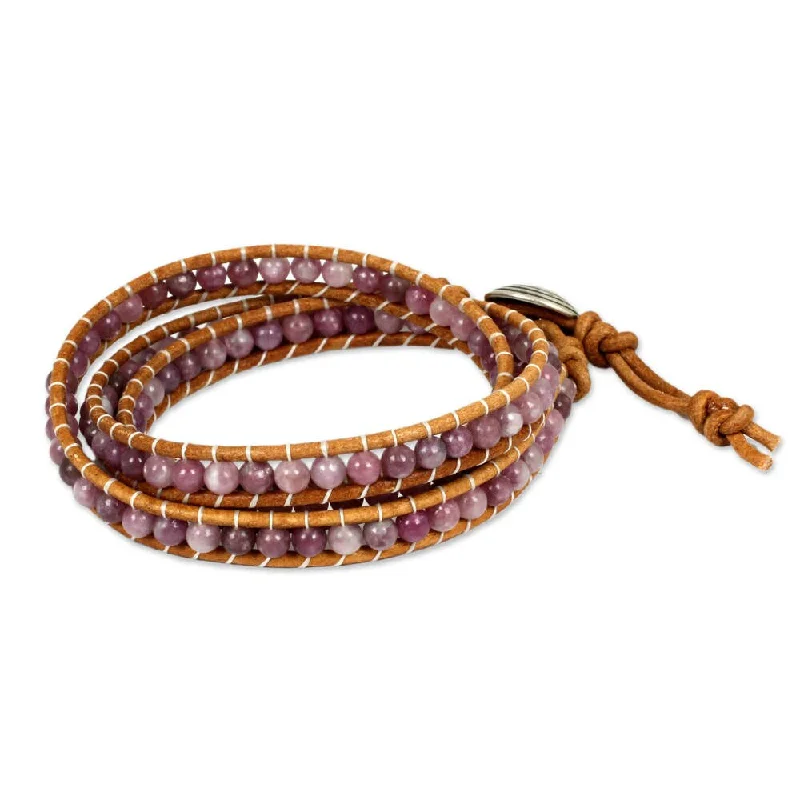 gold tennis bracelets-Handmade Silver Leather 'Hypnotic Rose' Lepidolite Bracelet (Thailand)