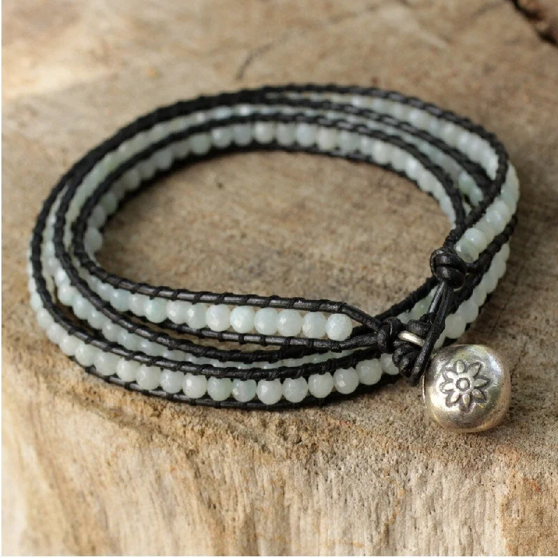 gold tennis bracelets-Handmade Silver 'Love's Innocence' Amazonite Leather Bracelet (Thailand)