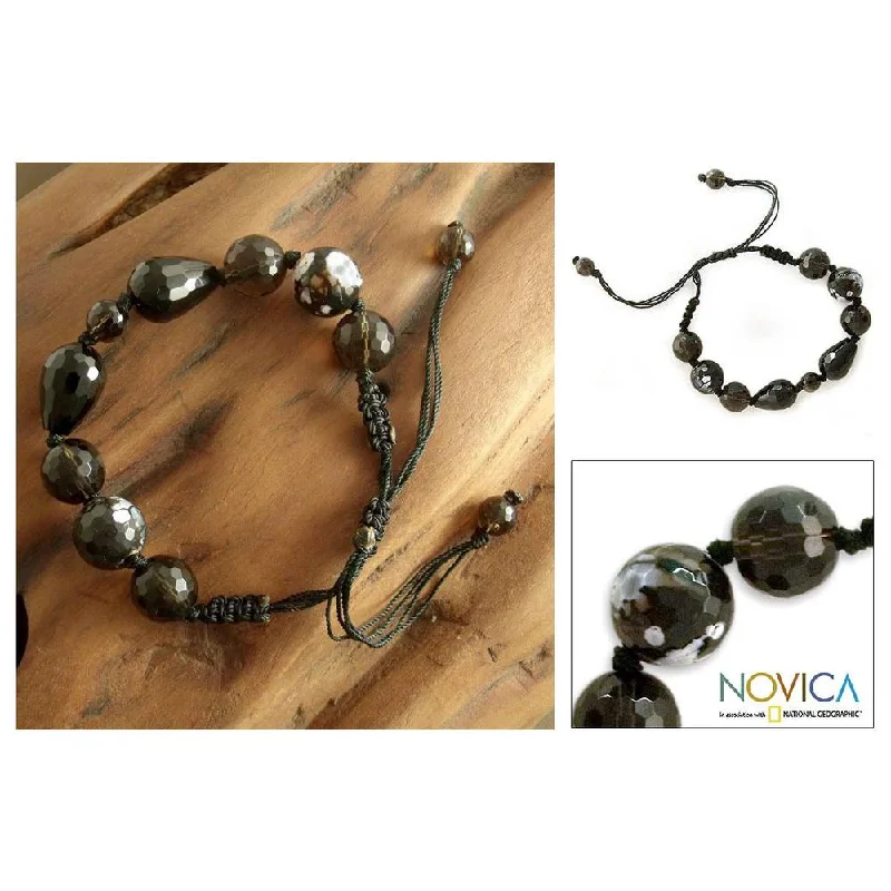 boho chic bracelets for women-Handmade Smoky Quartz 'Indian Night' Onyx Beaded Bracelet (India)