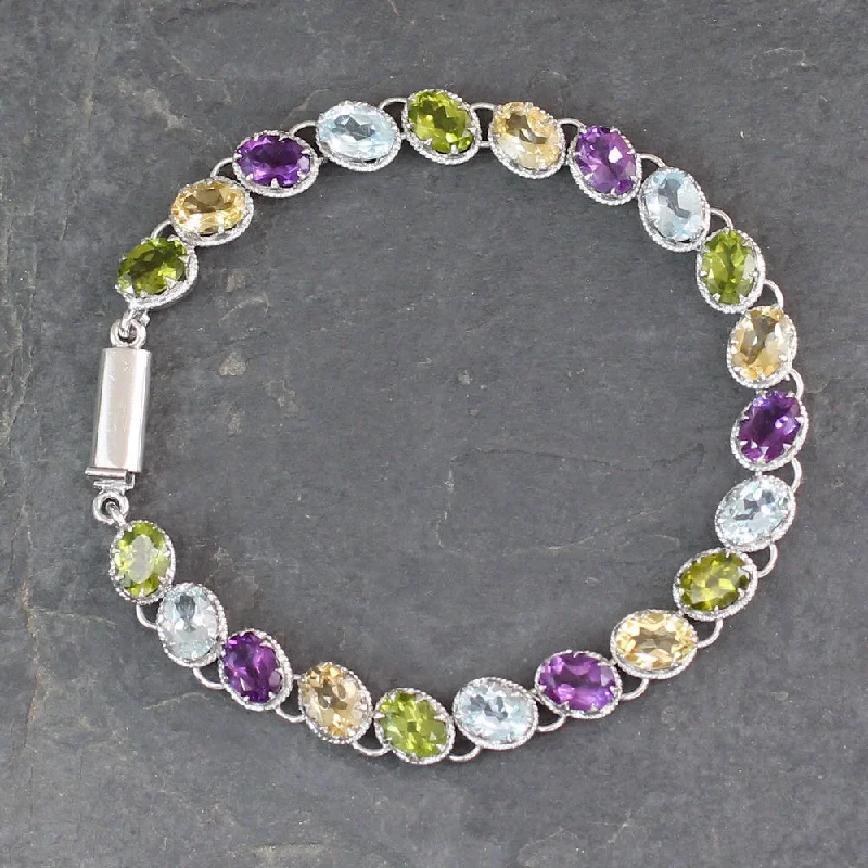 handmade bracelets for women-Handmade Sterling Silver 'Cascading Colors' Multi-gemstone Bracelet (India)