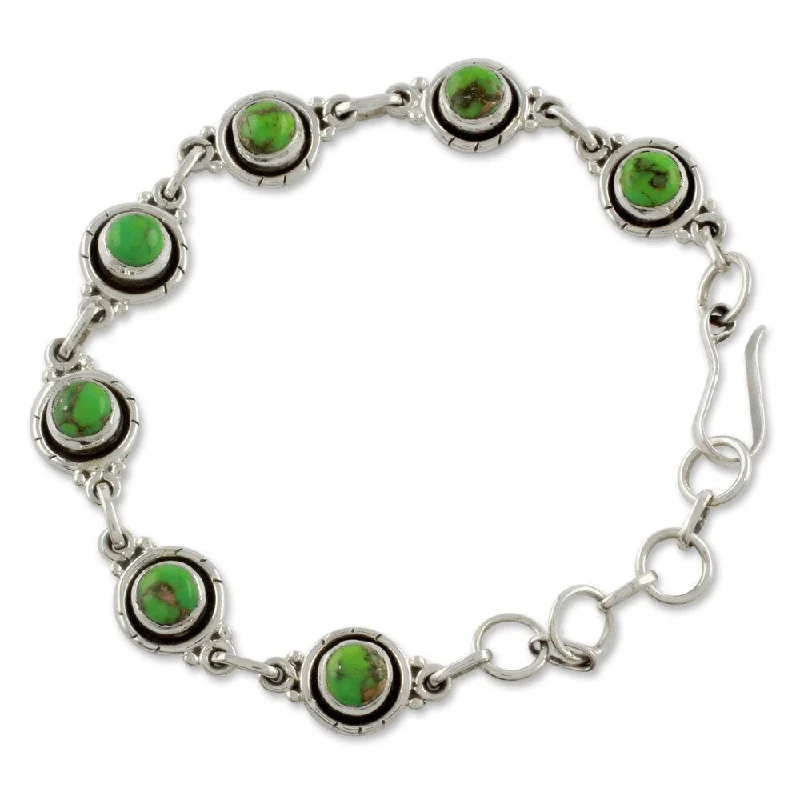 elegant gold bracelets for women-Handmade Sterling Silver 'Green With Beauty' Turquoise Link Bracelet (India)