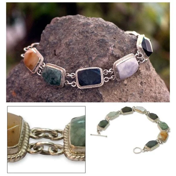 luxury silver bracelets-Handmade Sterling Silver 'Maya Rainbow' Jade and Quartz Bracelet (Guatemala) - Green