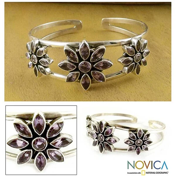 engraved bracelets for women-Handmade Sterling Silver 'Three Blossoms' Amethyst Cuff Bracelet (India)