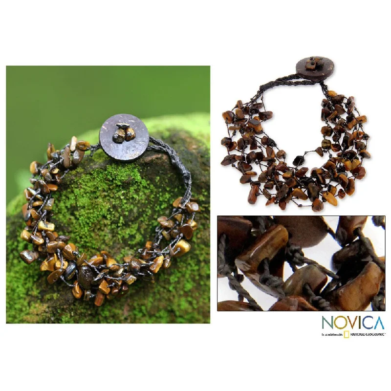 diamond tennis bracelets-Handmade Tiger's Eye and Coconut Shell 'Lucky Waterfall' Bracelet (Indonesia)