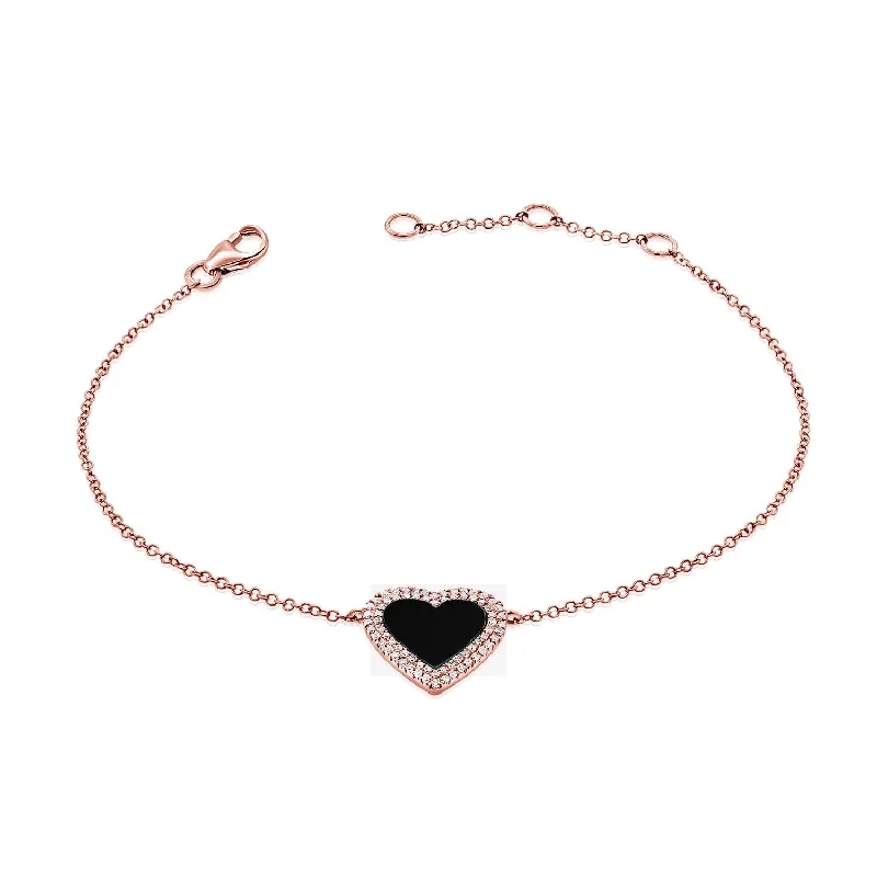 minimalist leather bracelets for women-Joelle Heart Bracelet Onyx & Diamond 14K Rose Gold