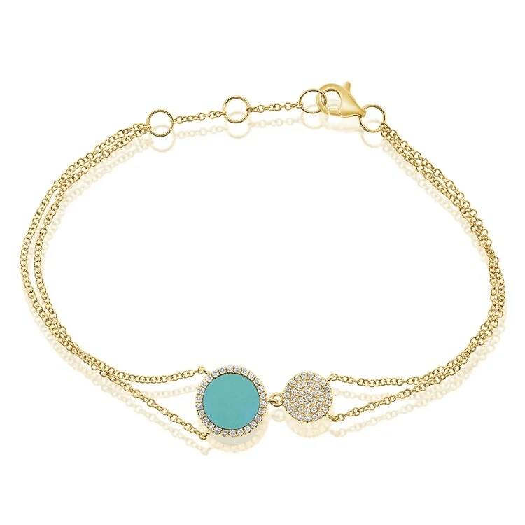 men’s friendship bracelets-Joelle Pave Diamond & Turquoise Double Circle Disc Bracelet 14K Gold