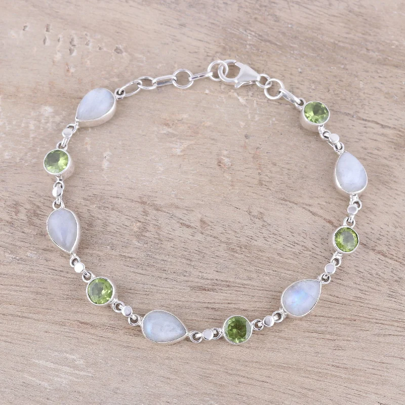 colorful gemstone bracelets-Misty Forest Sterling Silver Rainbow Moonstone and Peridot Link Bracelet