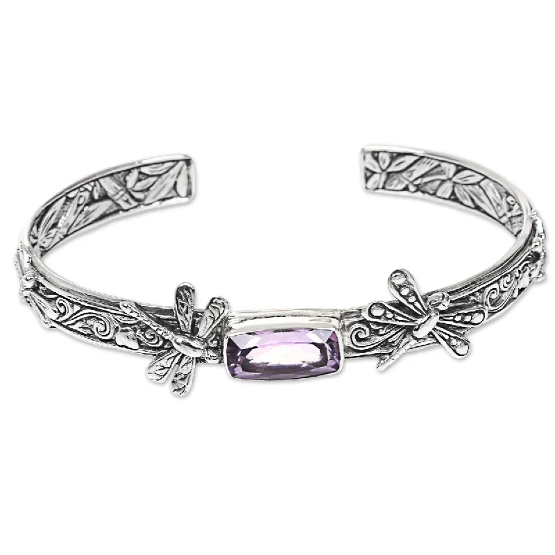 cuff bracelets for men-NOVICA Amid the Dragonflies, Amethyst cuff bracelet