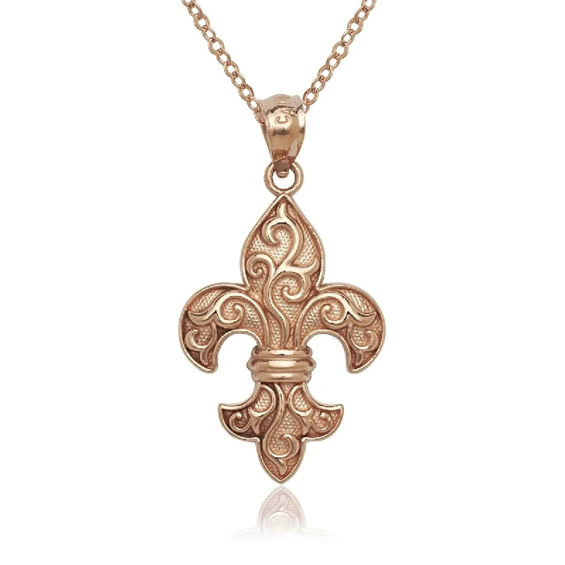 silver heart necklace for women -14k Rose Gold Ornate Fleur de Lis Pendant Necklace - Pink