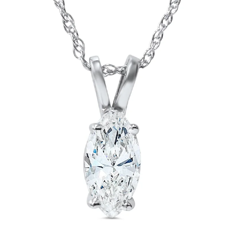 flower pendant necklace for women -14k White Gold 1ct Fancy Marquise Diamond Clarity Enhanced Solitaire Pendant - White I-J