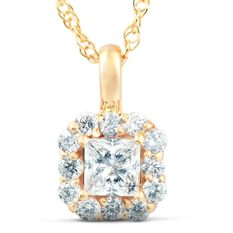 luxury gold necklace for women -5/8 Ct Diamond Princess Cut Halo Pendant 14k Yellow Gold (G/H, VS)