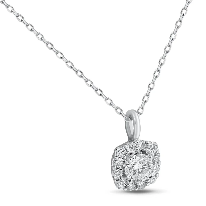 pearl and diamond necklace for women -5/8ct Cushion Halo Diamond Pendant White Gold & 18" Chain