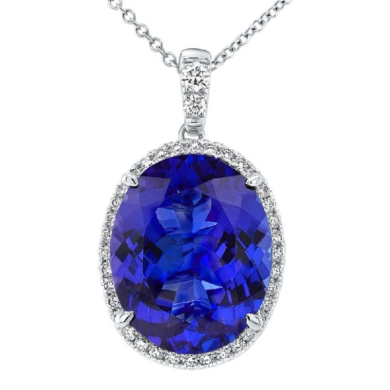 flower pendant necklace for women -5 Ct TW Oval Tanzanite & Lab Grown Diamond Halo Pendant 14k White Gold Necklace