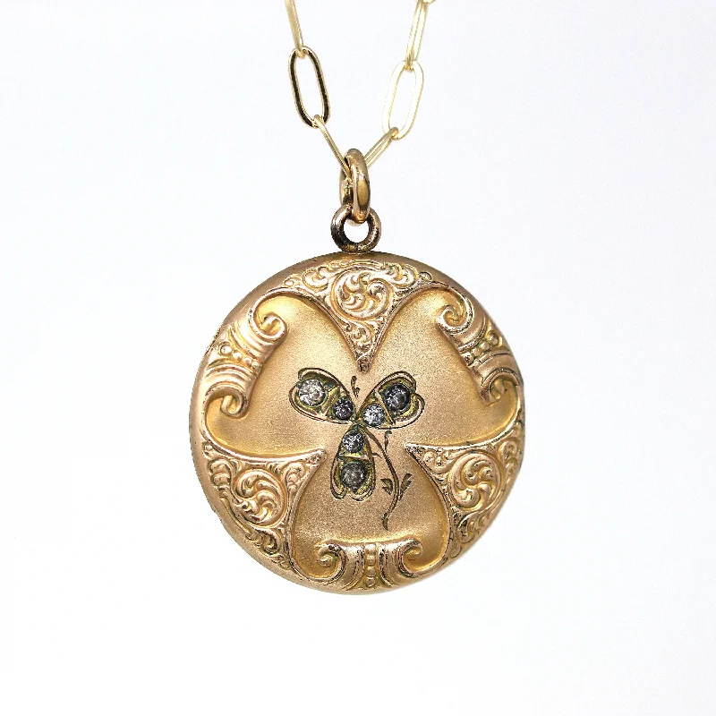 personalized pendant necklace for moms -Antique Shamrock Pendant - Art Nouveau Gold Filled Three Leaf Clover Locket Necklace - Circa 1910s Edwardian Era Statement Accessory Jewelry