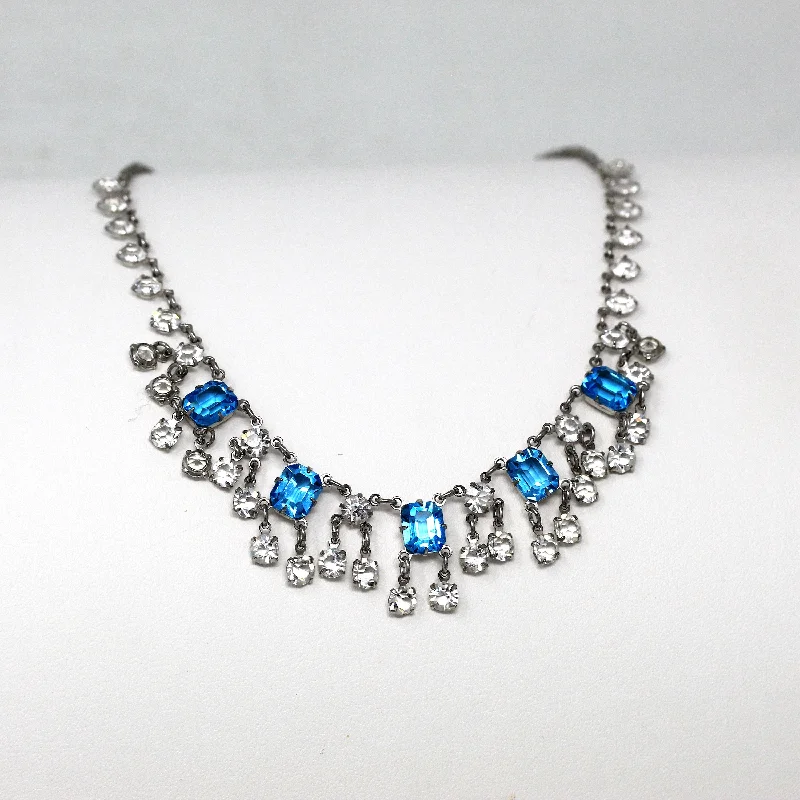 simple necklace for special occasions -Art Deco Necklace - Vintage Sterling Silver Faceted Glass Crystals - Circa 1930s Era Festoon Collar Flapper Blue Dangling 16" Chain Jewelry