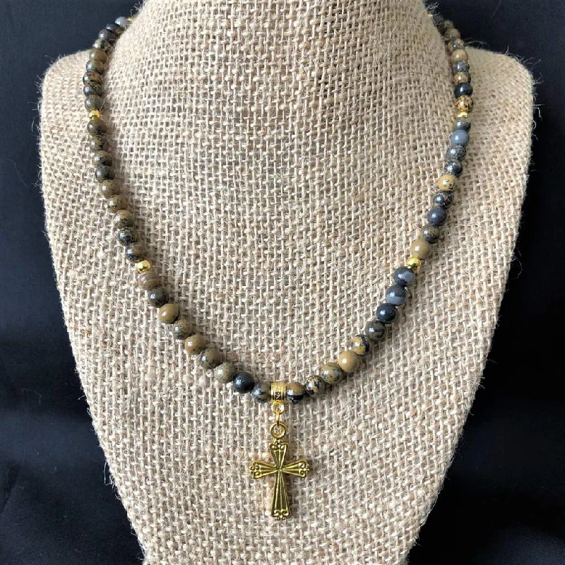 opal pendant necklace for women -Artistic Stone Mens Gold Cross and Beaded Necklace