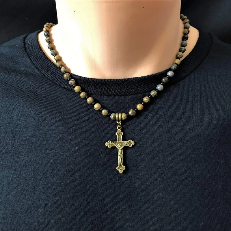 cute charm necklace for kids -Artistic Stone and Gold Cross Mens Necklace