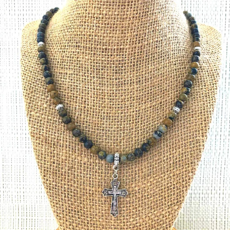 multi-layer necklace for women -Artistic Stone Mens Brown Beaded Necklace with Silver Cross