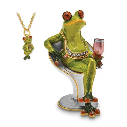 gold chain necklace for men -Bejeweled Vino Frog on Chair with Wine Glass Trinket Box