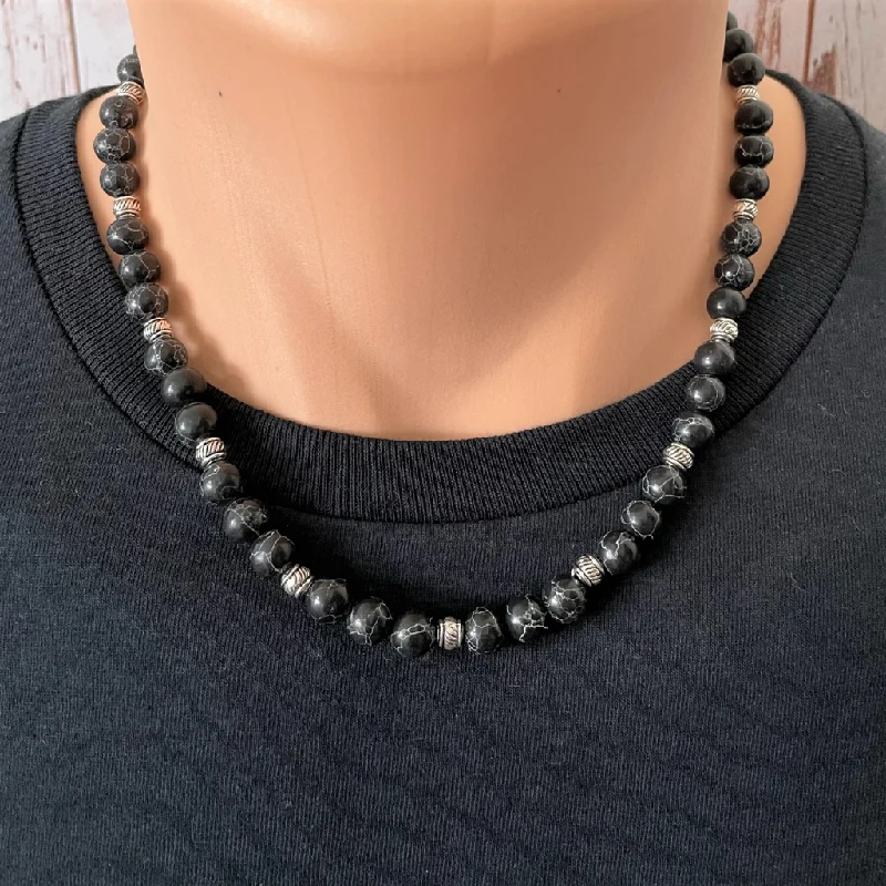 vintage silver necklace for men -Black Agate with White Veins Mens Beaded Necklace