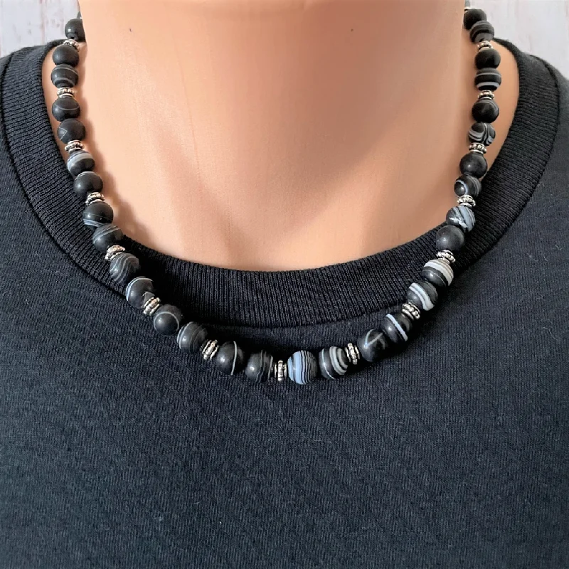 tribal style necklace for men -Black and White Striped Mens Matte Agate Beaded Necklace