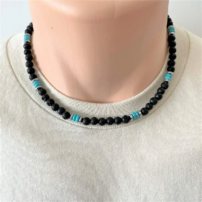 fashion jewelry necklace for women -Mens Black Lava and Turquoise Howlite Beaded Necklace