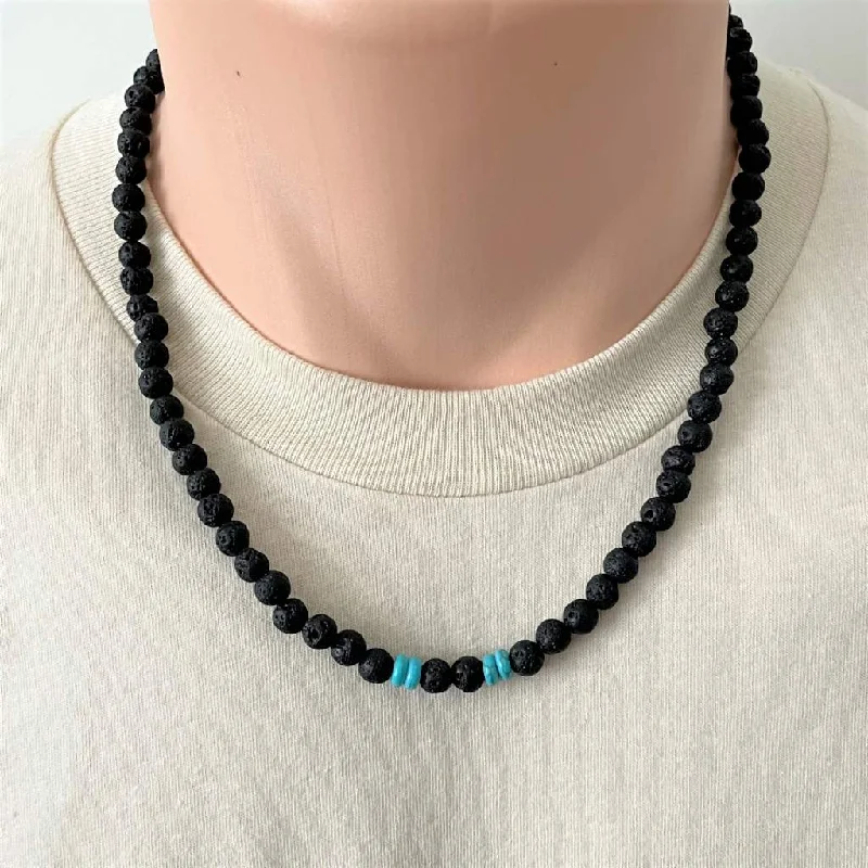 layered necklace set for women -Black Lava and Turquoise Howlite Mens Beaded Necklace