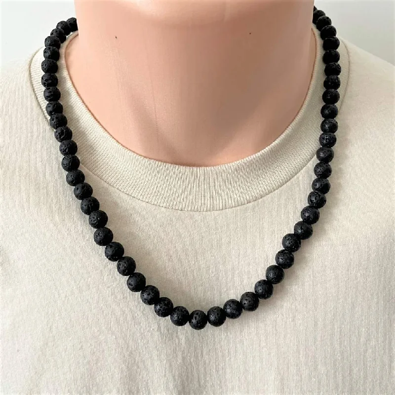 chunky chain necklace for men -Black Lava Mens Beaded Necklace