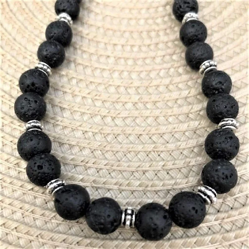 crystal pendant necklace -Black Lava Rock Beaded Necklace