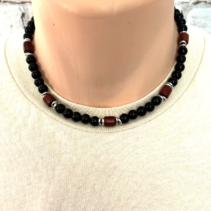 cute charm necklace for kids -Black Onyx and Rosewood Beaded Mens Necklace