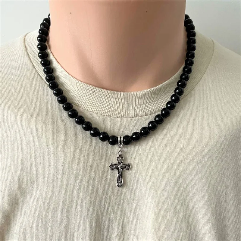 cute necklace for teenage girls -Black Onyx and Silver Cross Mens Beaded Necklace