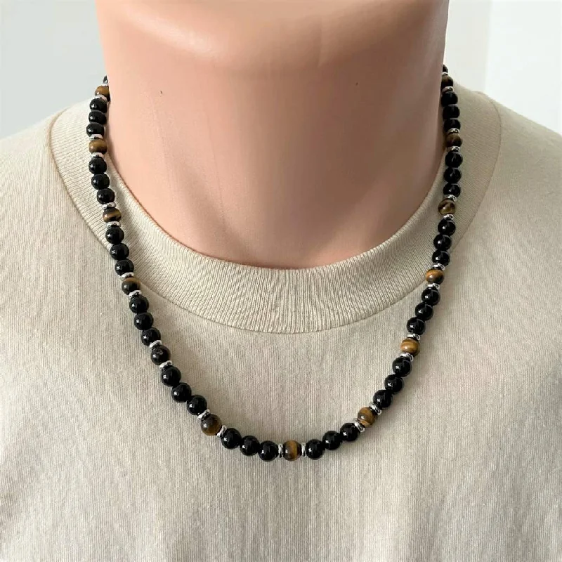 opal pendant necklace for women -Black Onyx and Tigers Eye Beaded Mens Necklace