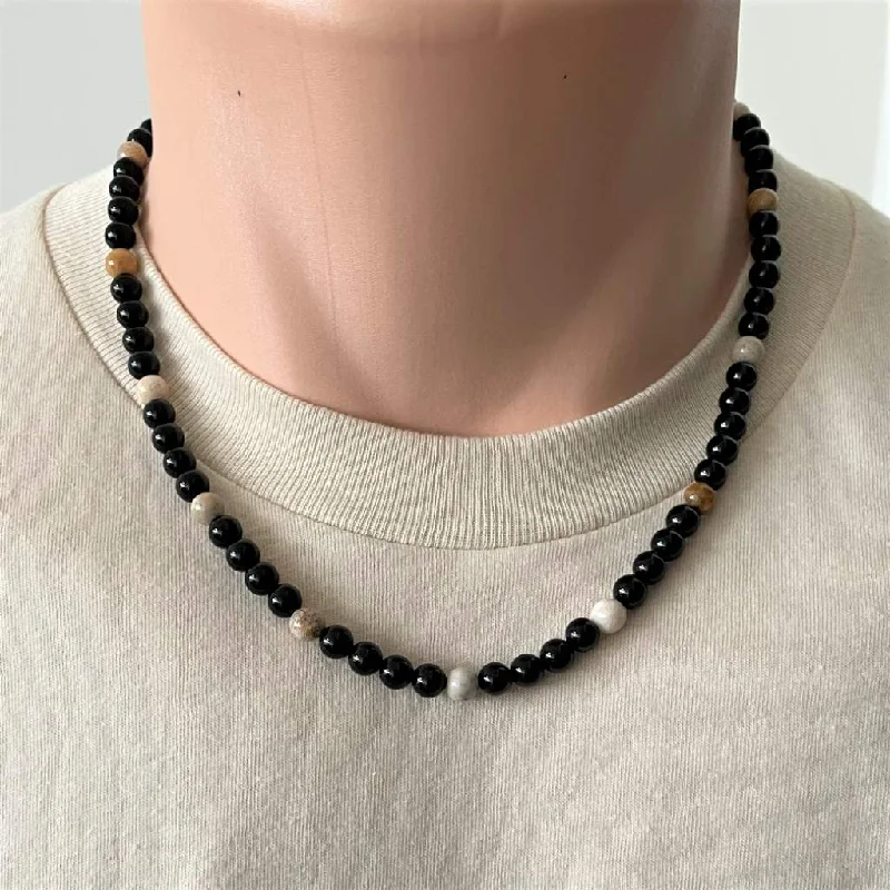 luxury pearl necklace for brides -Black Onyx Fossil Jasper Mens Beaded Necklace