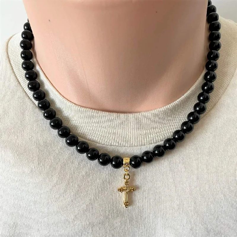 boho style necklace for summer -Black Onyx Mens Beaded Necklace with Gold Cross