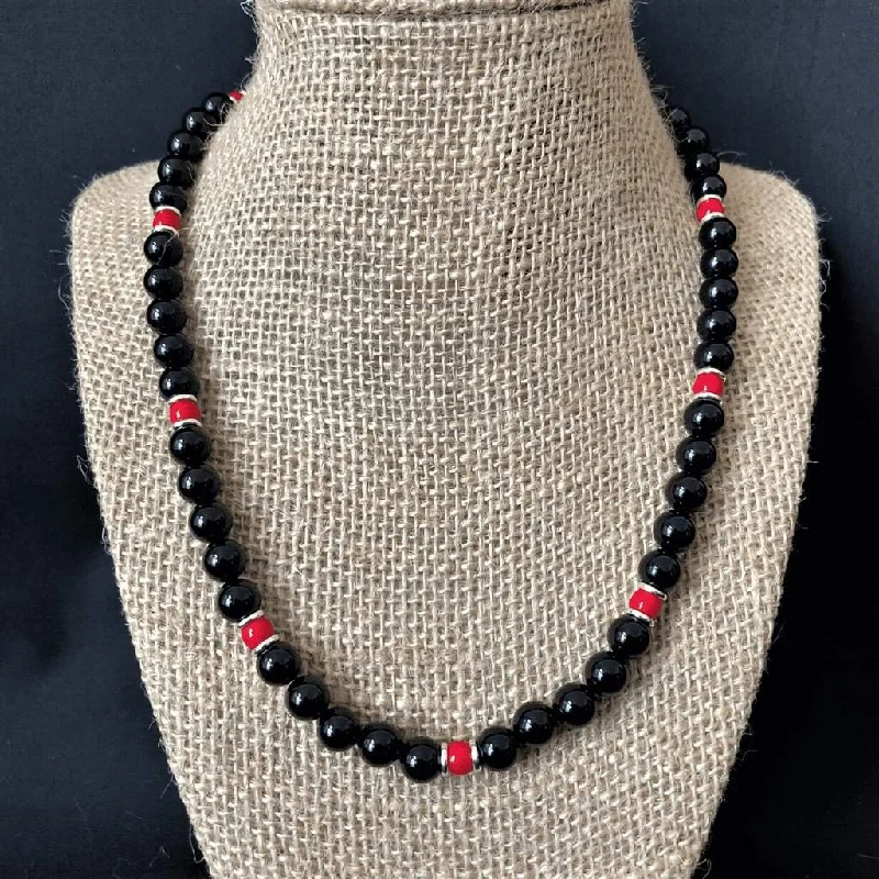 flower pendant necklace for women -Black Onyx Red and Silver Mens Beaded Necklace