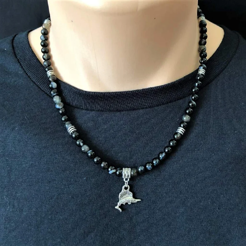 religious cross necklace for men -Black Sardonyx and Silver Swordfish Mens Beaded Necklace