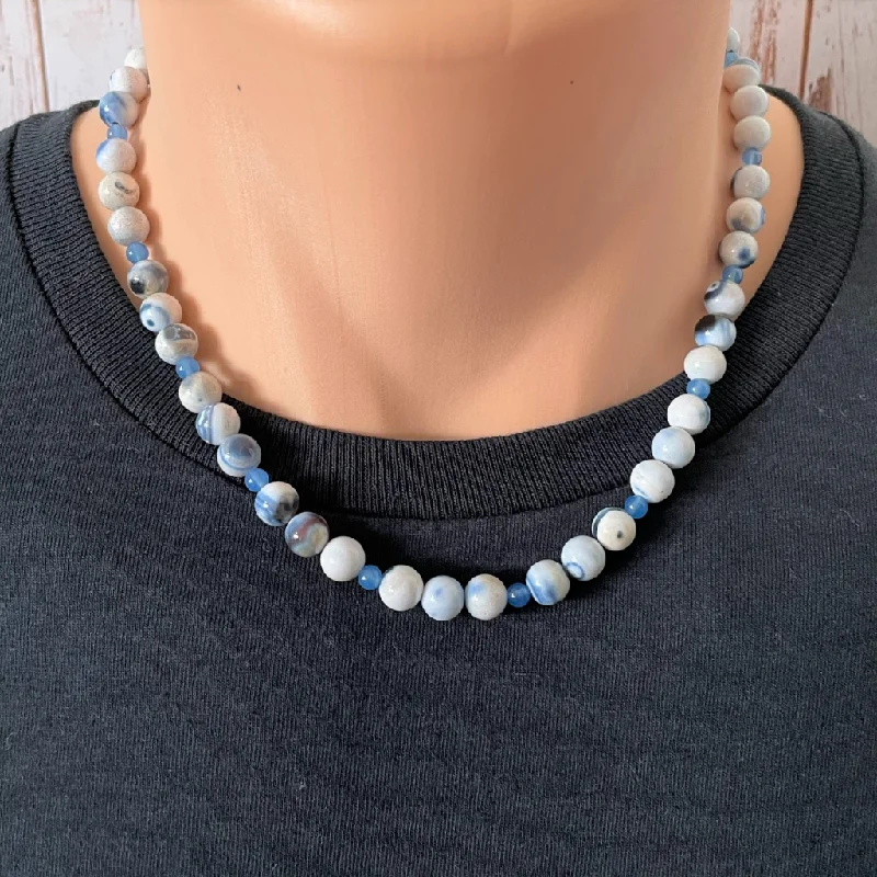 diamond tennis necklace for women -Blue Agate and Blue Onyx Mens Beaded Necklace