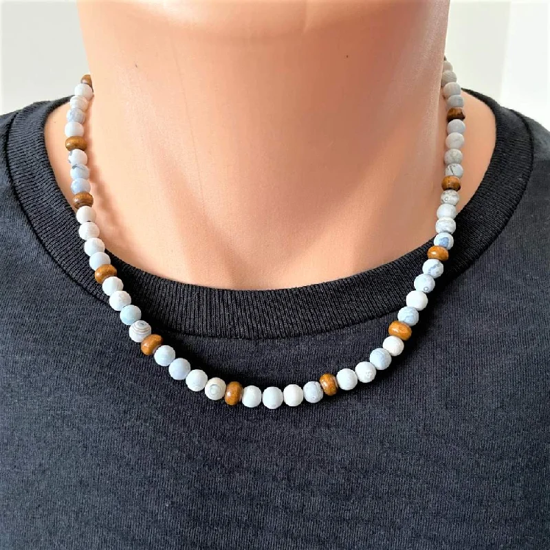 casual necklace for men -Blue and White Agate and Wood Mens Beaded Necklace