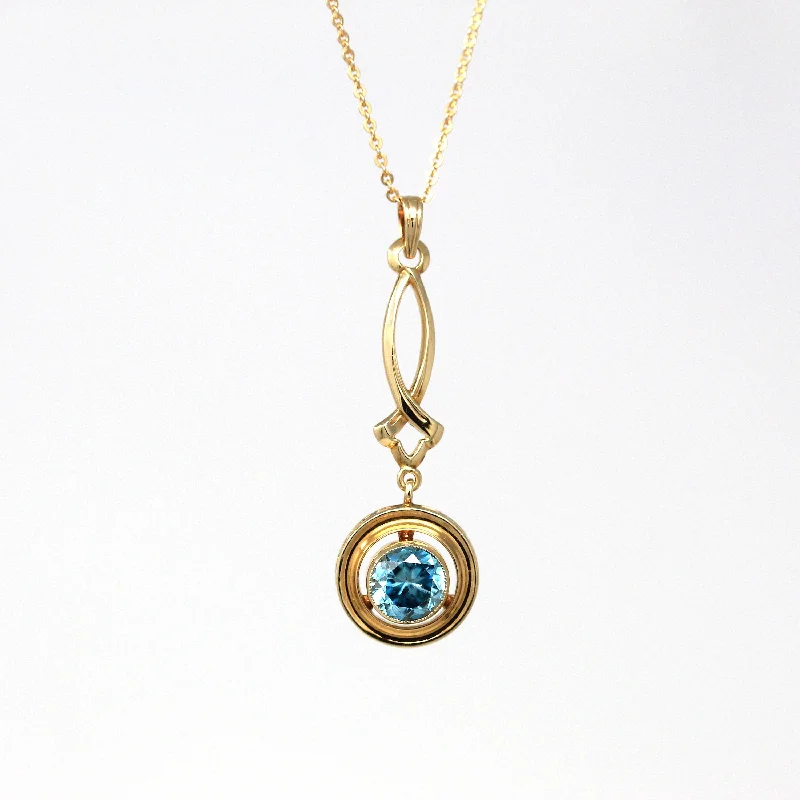 boho style necklace for summer -Blue Zircon Lavalier - Retro 14k Yellow Gold Genuine Blue 1.85 CT Gem Pendant - Vintage Circa 1940s Bezel Set Fine Long Drop Jewelry