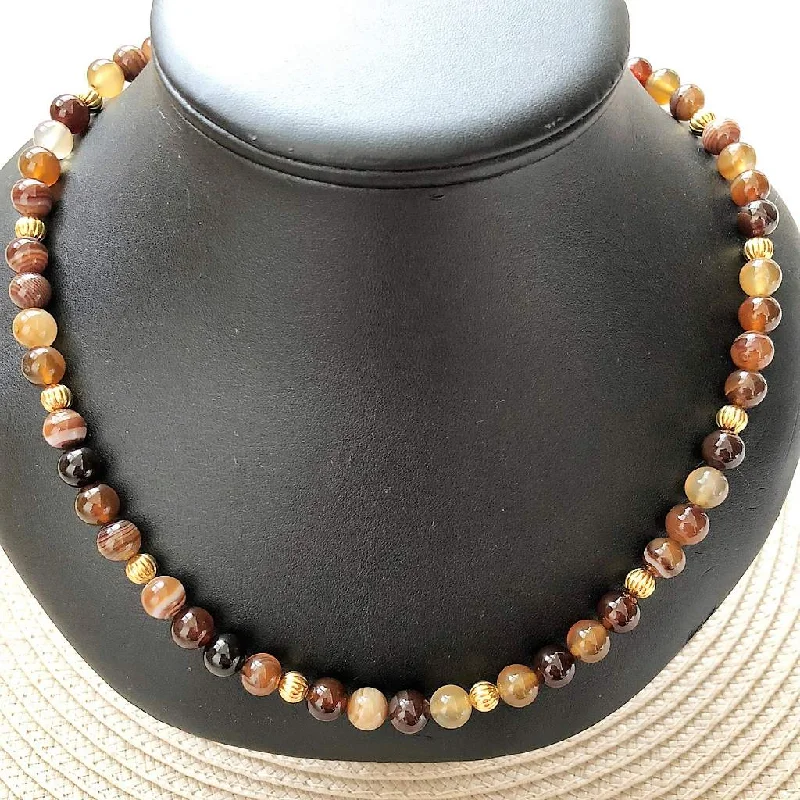 sterling silver necklace for men -Brown Agate and Gold Mens Beaded Necklace