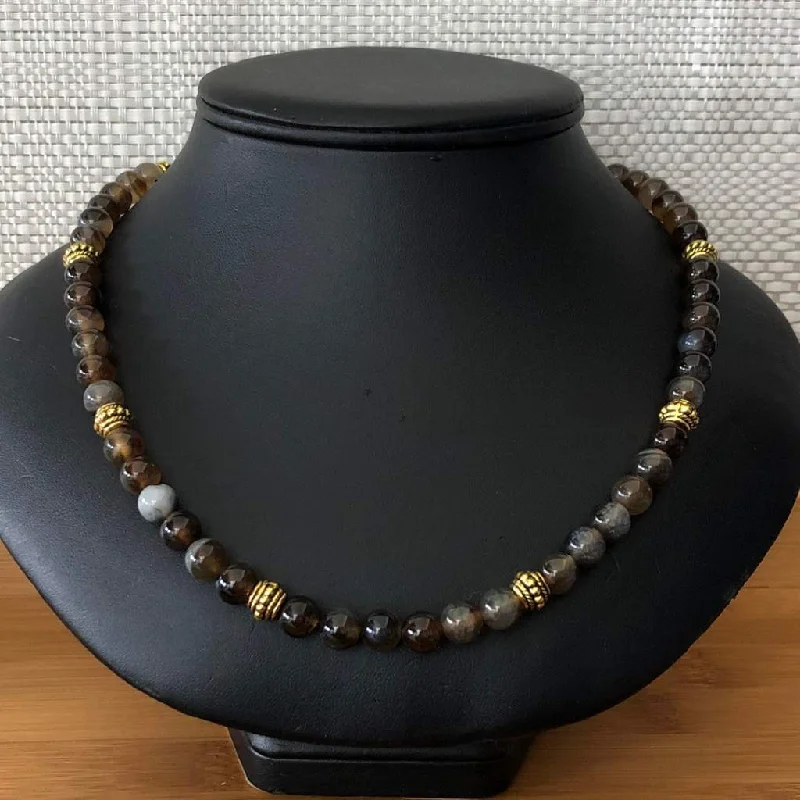 elegant pearl necklace for events -Brown Line Agate Mens Beaded Necklace