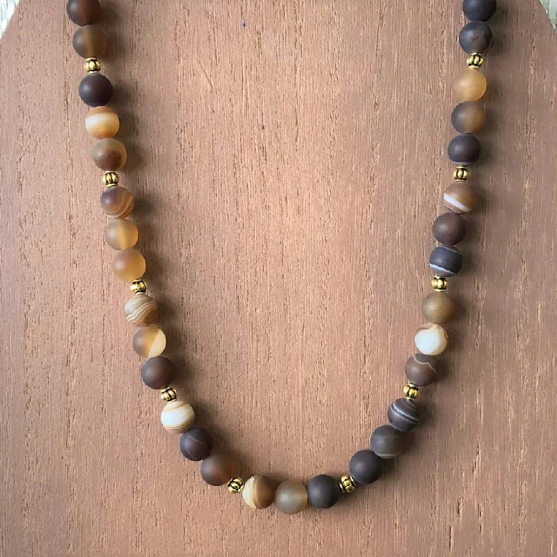 luxury pearl necklace for brides -Brown Matte Agate and Gold Beaded Mens Necklace