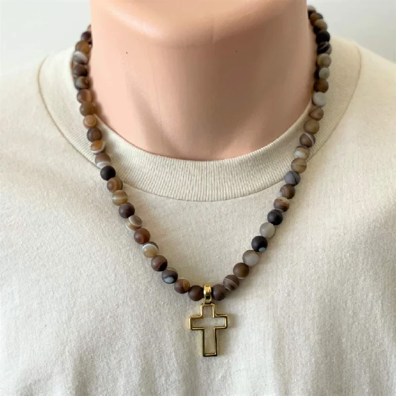 double chain necklace for men -Brown Matte Agate and Gold Cross Mens Necklace