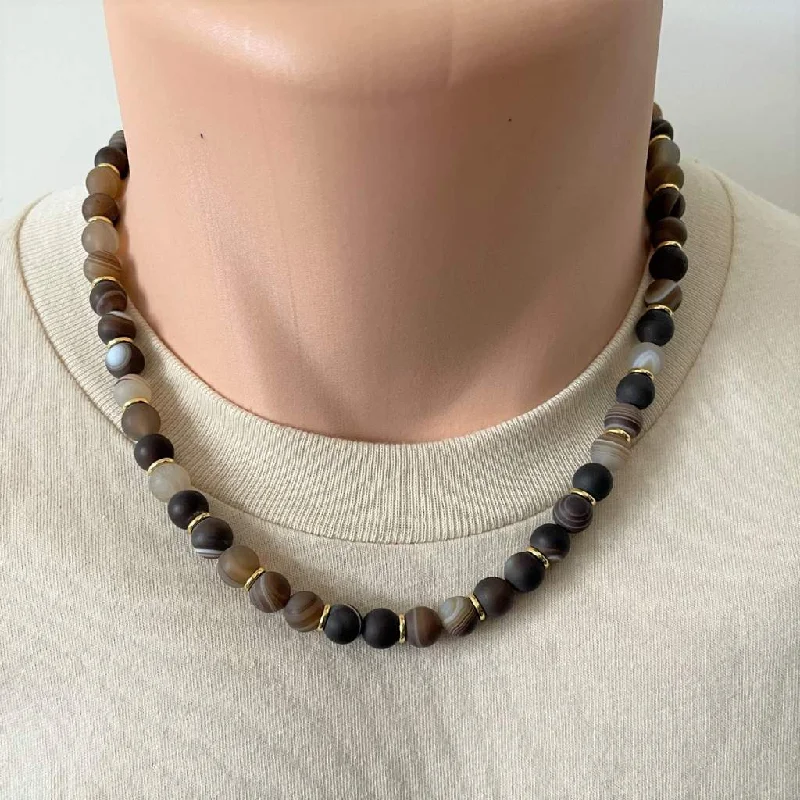 sterling silver necklace for men -Brown Matte Agate and Gold Ring Mens Beaded Necklace