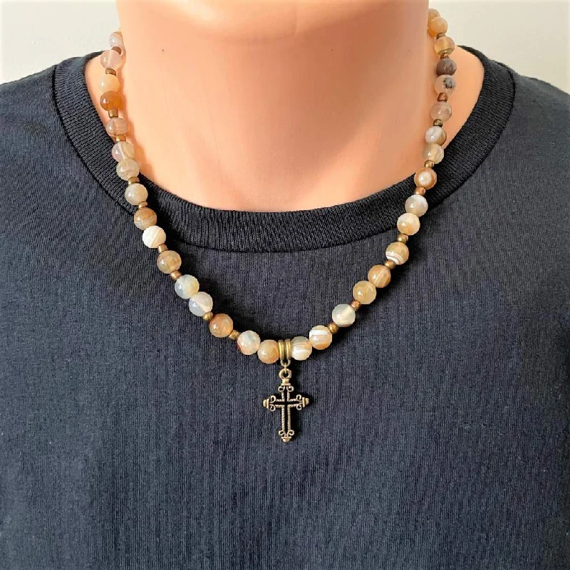 custom engraved necklace for women -Brown Onyx Mens Beaded Necklace With Gold Cross